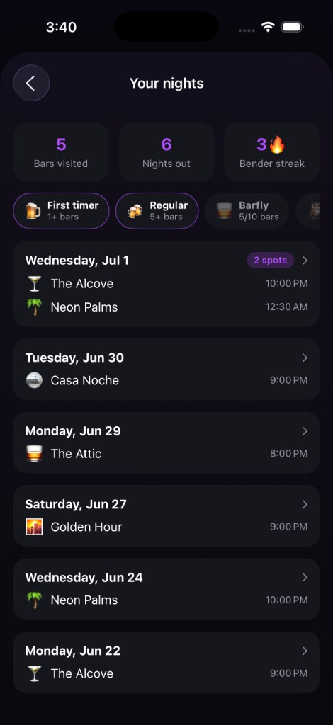 Your nights — streaks and history